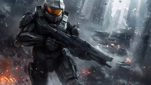 Armored vanguard storms a burning future city battlefield.