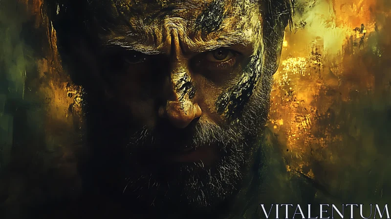 War-torn gaze carves molten light through painted shadows