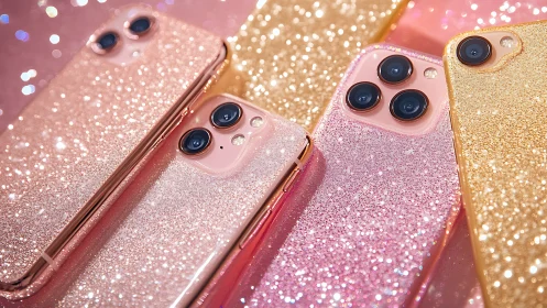 Glitter smartphone array in warm bokeh studio lighting setup.