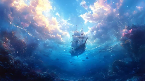 Sailing ship suspended between refracted seascape and luminous sky