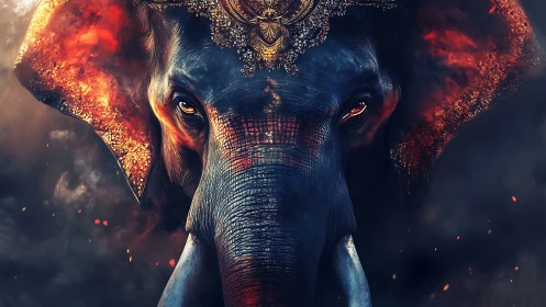 Regal war elephant portrait with ember-lit ornamental headdress
