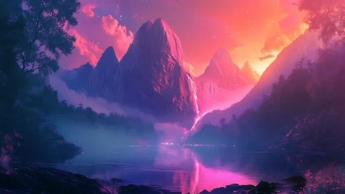 Neon twilight mountains rise above reflective misty lake