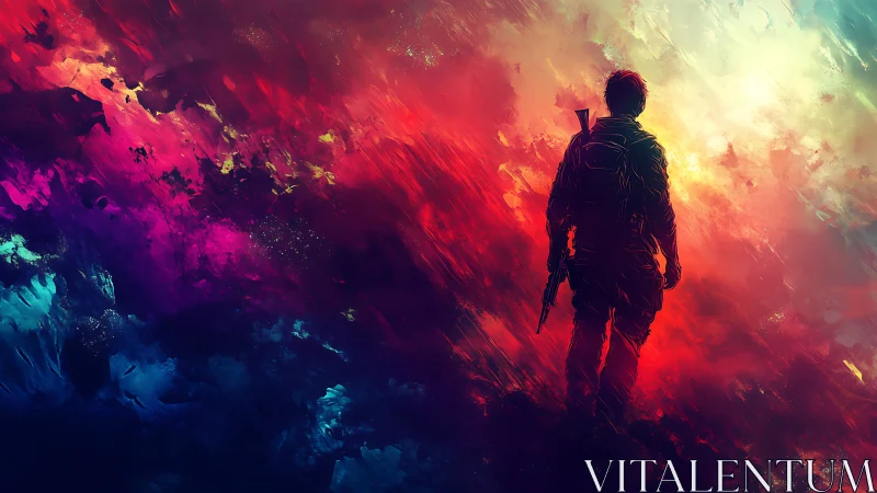 Silhouetted figure walks through abstract multicolor field