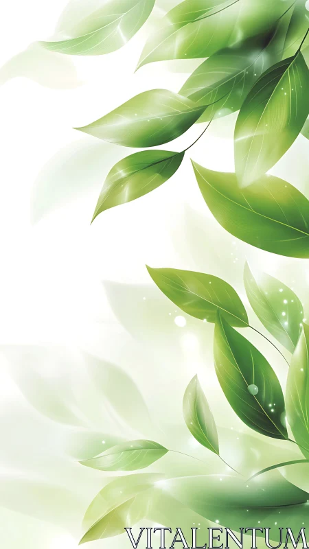 Green leaves on white background with soft glowing light.