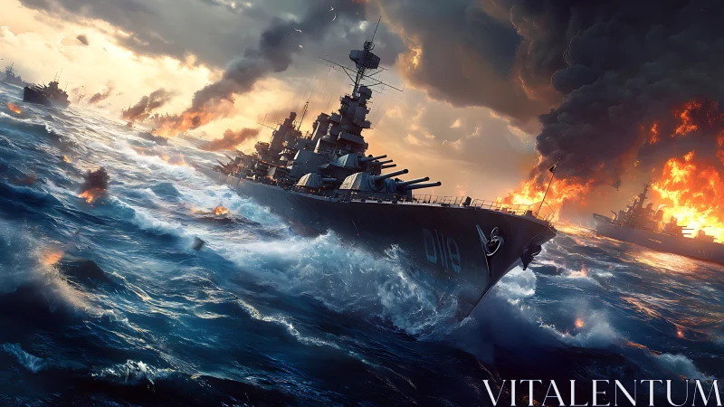 Storm-lit warship surging through a blazing sea battle.