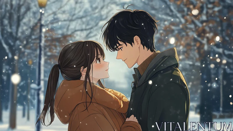 Soft winter snowfall wraps two young lovers in quiet warmth