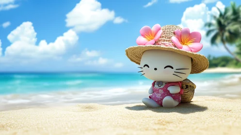 Sunny beach day with a smiling toy cat in a flowered hat