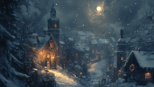 Moonlit winter village aglow with storybook lantern warmth.