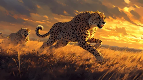 Cheetahs Sprint Through Golden Grassland at Sunset.