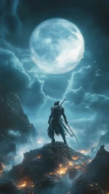 Lunar-illuminated swordsman on volcanic ridge, atmospheric depth.