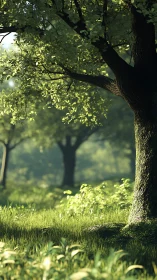 Sunlit Forest Tree with Green Canopy.