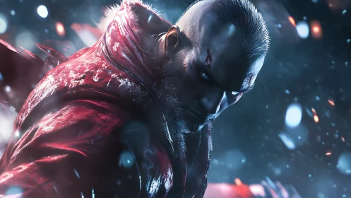 Cinematic 3D portrait of battle-scarred warrior in motion blur.