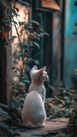 White cat gazing upward at climbing vines.