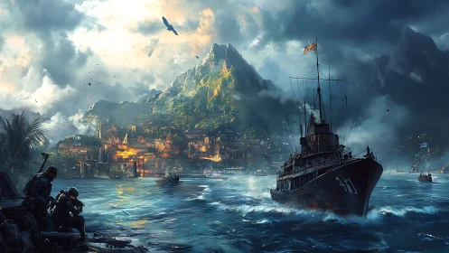 Stormy harbor patrol ship approaching fortified coastal town.