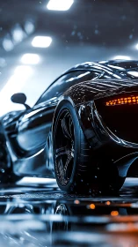 Rear three-quarter view of wet reflective sports car surface.