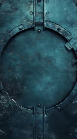 Weathered teal metal portal with quiet sci fi charm.