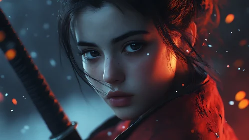 Cinematic samurai portrait balances cold bokeh and ember glow