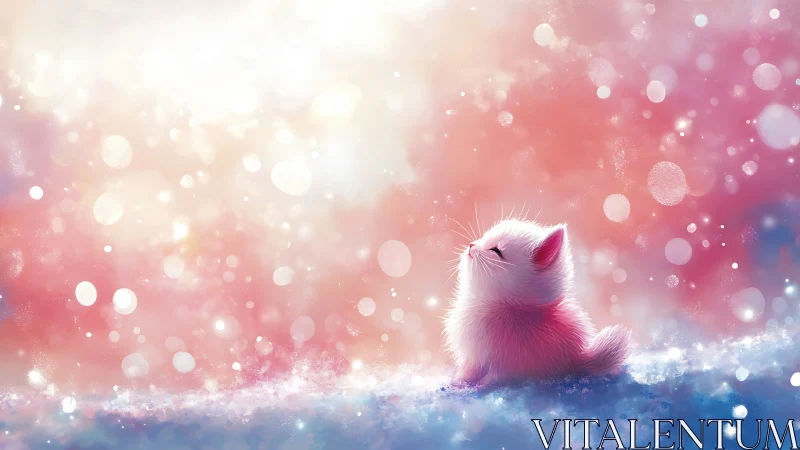 Fluffy pastel kitten under glowing bokeh sky in snowfield.