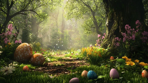 Forest clearing with decorated eggs and dense spring flora.