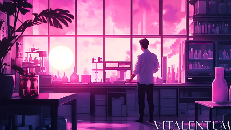 Laboratory researcher silhouetted against neon sunset sky.