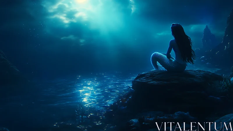 Moonlit mermaid drifts in sapphire tides of silent wonder.