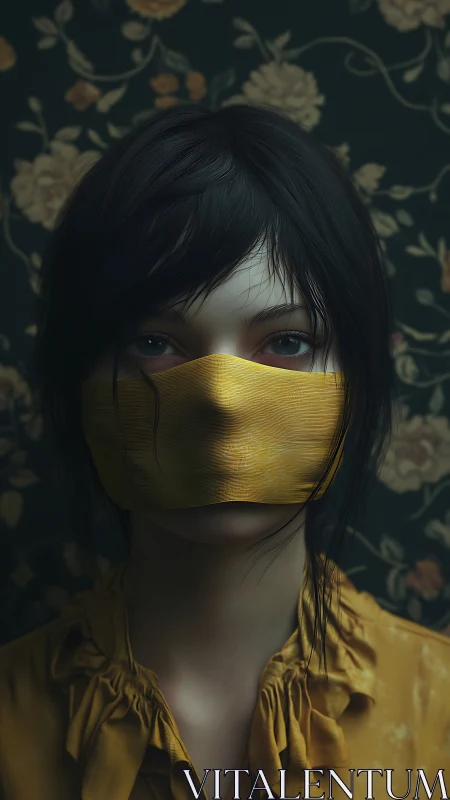 Muted portrait of masked girl in yellow against floral wallpaper