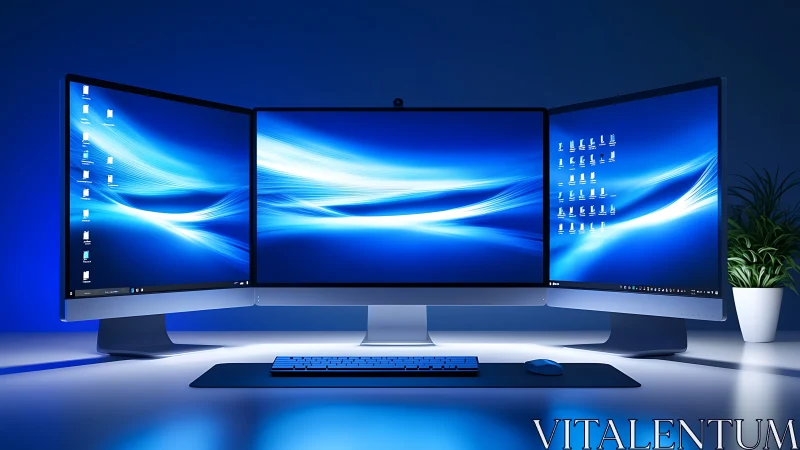 Triple-monitor workstation with blue ambient desktop lighting.