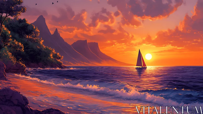 Sunset-drenched sailboat drifts along violet whispering waves