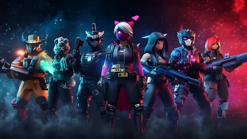 Stylized cyber squad of armored avatars stands in neon haze