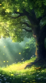 Sunlit forest tree anchors a bright clearing with butterflies
