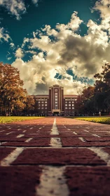 Brick walkway leads to symmetric campus building under clouds