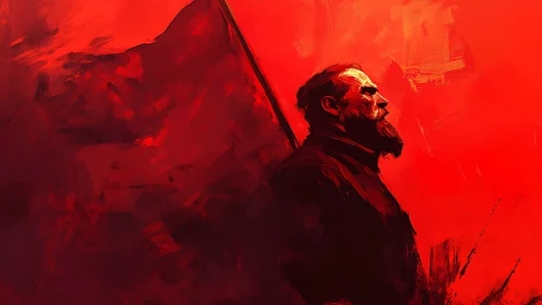 Defiant bearded figure stands beneath a blazing red banner