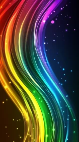 Curved neon rainbow light trails on dark gradient background.