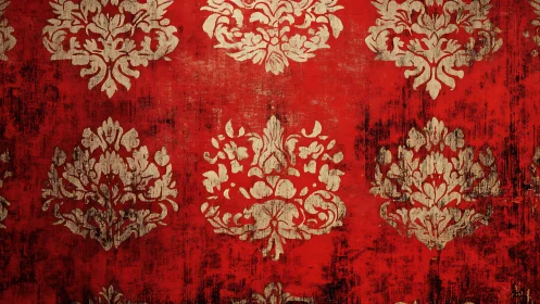 Red damask pattern with distressed gold ornamental motifs.