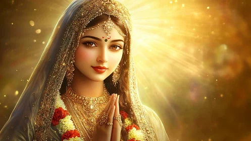 Golden serenity crowns the praying bride in sunlit grace