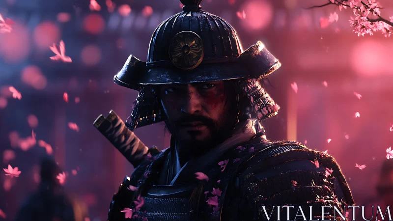 Samurai in cherry blossoms, standing between dusk and resolve.