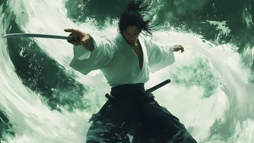 Samurai swordsman controlling storm surge with dynamic arc