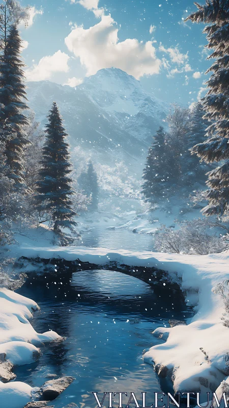 Snowy stone bridge over alpine river in winter light.