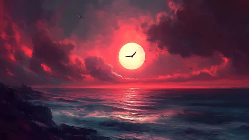 Crimson-lit ocean horizon with oversized sun and silhouetted seabirds