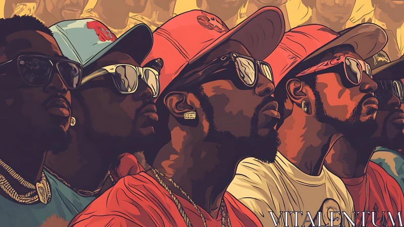 Vector-stylized portrait array of mirrored urban spectators.