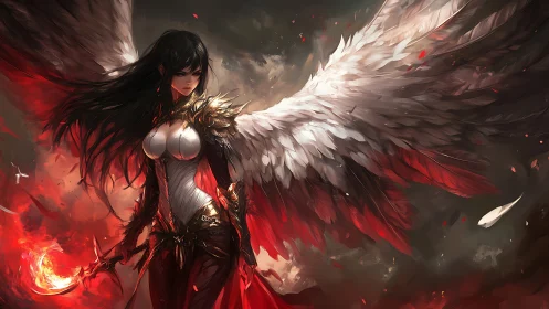 Winged warrior in fiery twilight between storm and calm.