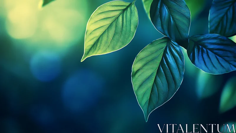 Green and blue leaves hang sharply against blurred bokeh