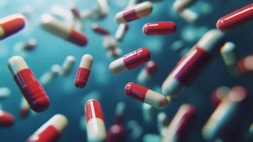 Red and White Capsules Floating in Abstract Medical Background.