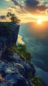 Sunset river gorge viewed from a wild cliffside throne.