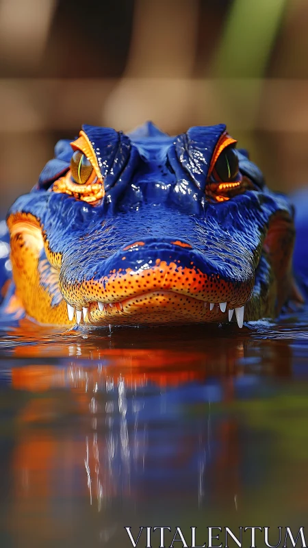 Blue and orange alligator head emerging from reflective water.