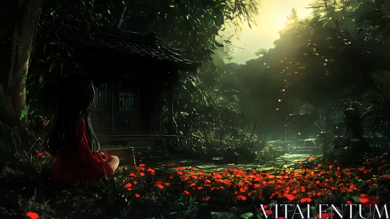 Solitary girl before forest shrine at glowing dawn path.