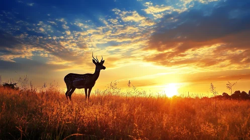 Silhouetted deer in glowing sunset grassland horizon.