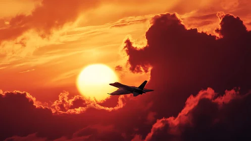 Supersonic jet silhouette against radiant stratocumulus sunset