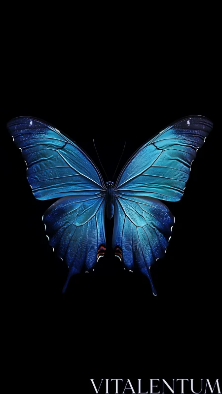 Blue butterfly specimen on black isolated background.