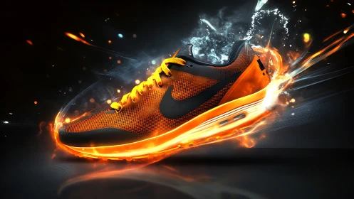 Running shoe rendered with orange energy trails and motion blur